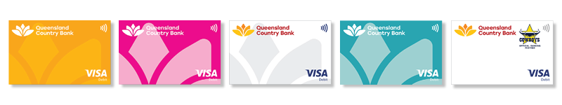 Visa Debit card options - yellow, pink, white, teal, Cowboys supporter card