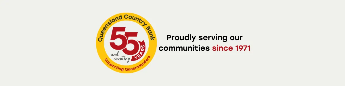 Queensland Country Bank 55th anniversary graphic featuring a circular badge with ‘55 years and counting’ and text stating ‘Proudly serving our communities since 1971.’