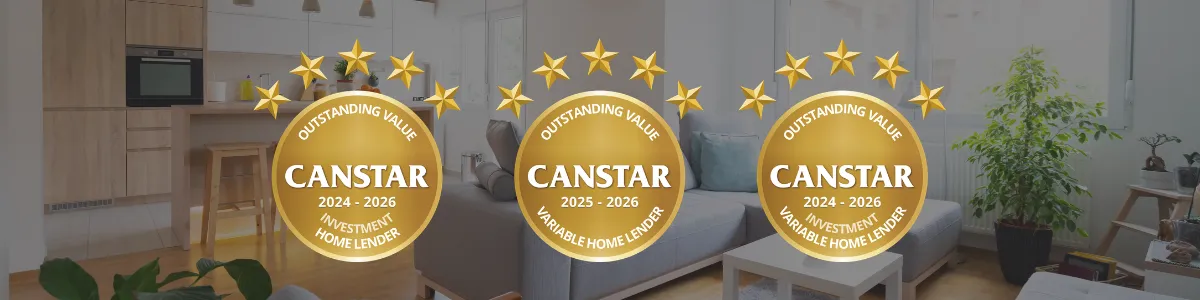Three gold Canstar Outstanding Value award badges for 2024–2026 displayed over a modern living room background, representing Investment Home Lender, Investment Variable Home Lender and Variable Home Lender awards.