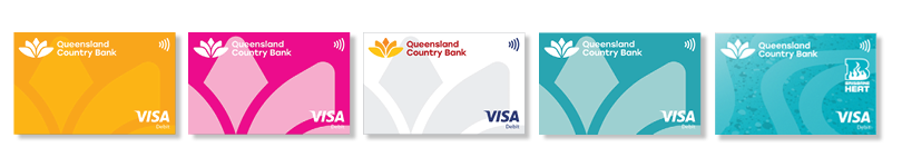 Visa Debit card options - yellow, pink, white, teal, Cowboys supporter card